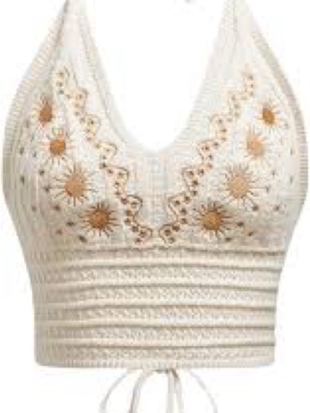 ROMWE Cream Crocheted Halter Top with Gold Sun Embroidery
